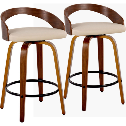 Grotto 26" Swivel Counter Stool in Walnut Wood & Cream Leatherette with Black Footrest (Set of 2)